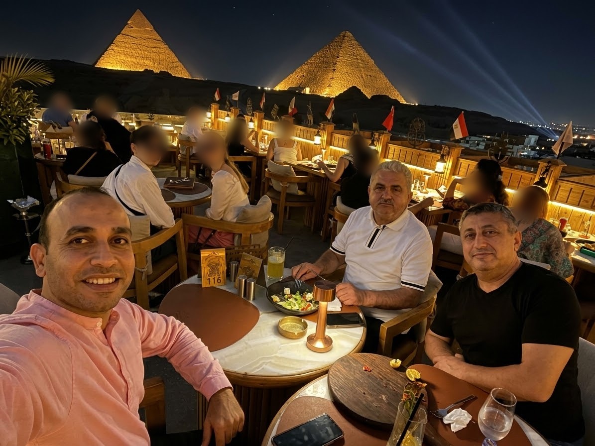 Dinner with the Golden Tech team in Cairo, overlooking the pyramids